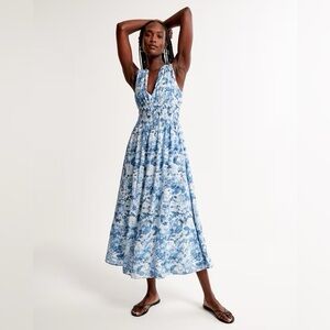 Abercrombie Crinkle Floral Blue Sleeveless Maxi Dress sz M NWT
